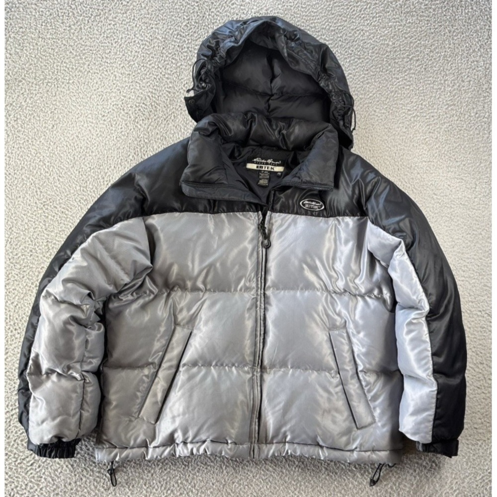 Vintage Eddie Bauer Ebtek Goose Down Puffer Jacket Mens Large Hood Silver/Black